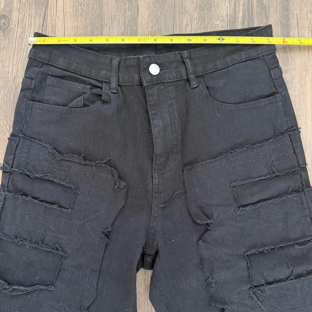 Women’s Black Denim Stacked Jeans Black Distressed Straight Leg Mid Rise Y2K M - Picture 9 of 17